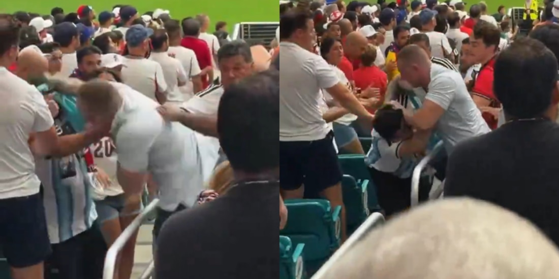 Aficionados ingleses y argentinos se agarran a golpes en la grada.