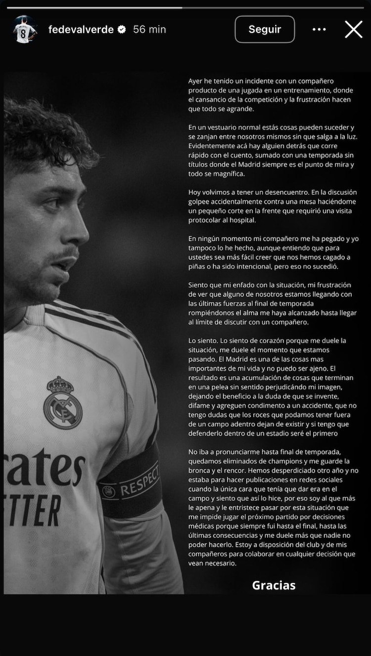 El mensaje de Fede Valverde en su cuenta de Instagram.