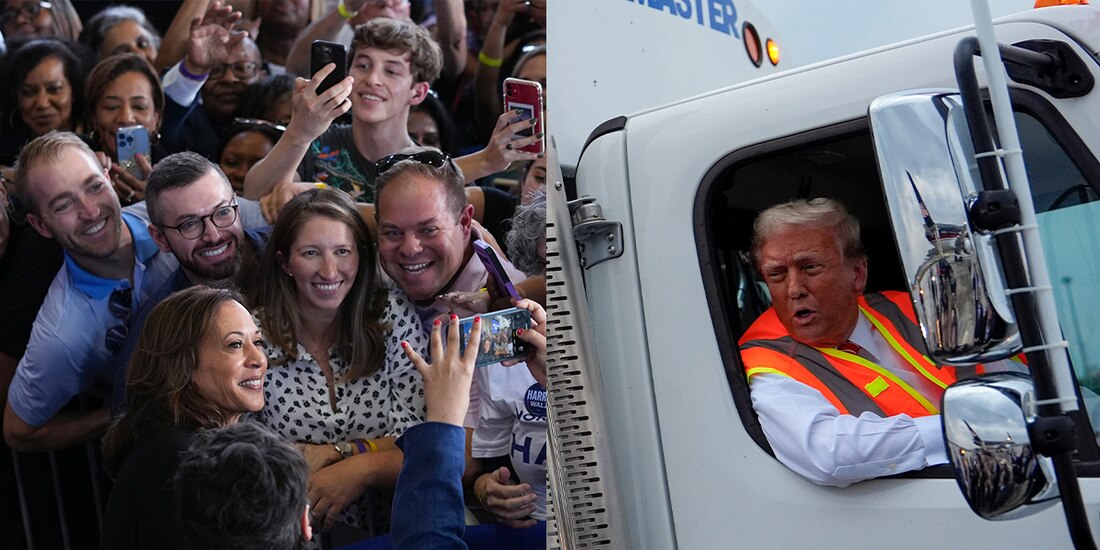 La vicepresidenta de EU se toma fotos con simpatizantes al llegar a un mitin en Carolina del Norte; el magnate, quien porta un llamativo chaleco naranja, llega en un camión de basura a un evento de campaña.