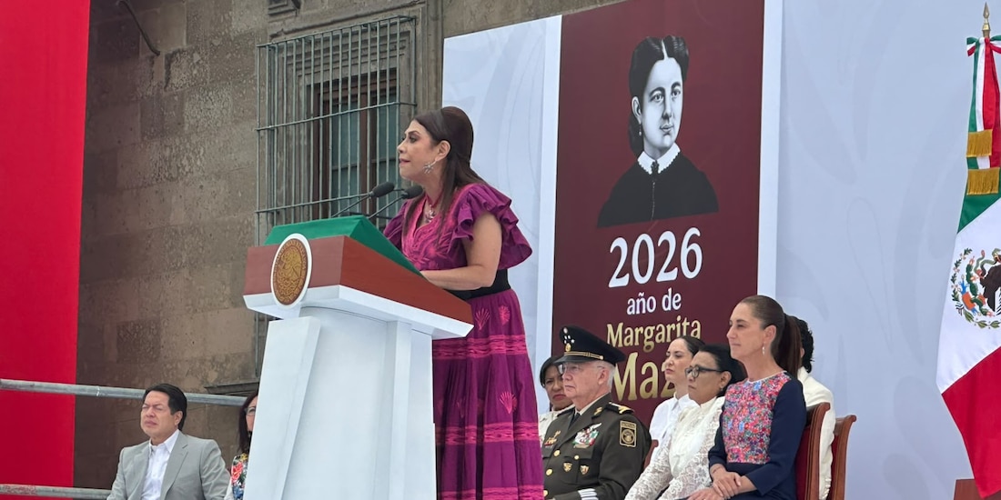 La Jefa de Gobierno de la Ciudad de México, Clara Brugada durante el evento en el Zócalo capitalino