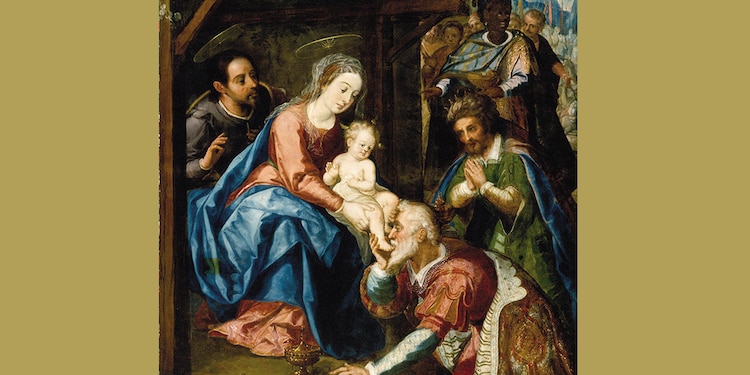 Adoración de los reyes
Autor: Baltasar Echave Orio
Año: inicios del siglo XVII
Elementos: están el Niño Jesús, sus padres, los Reyes Magos y un pequeño cortejo que los acompaña. Melchor es el más anciano.