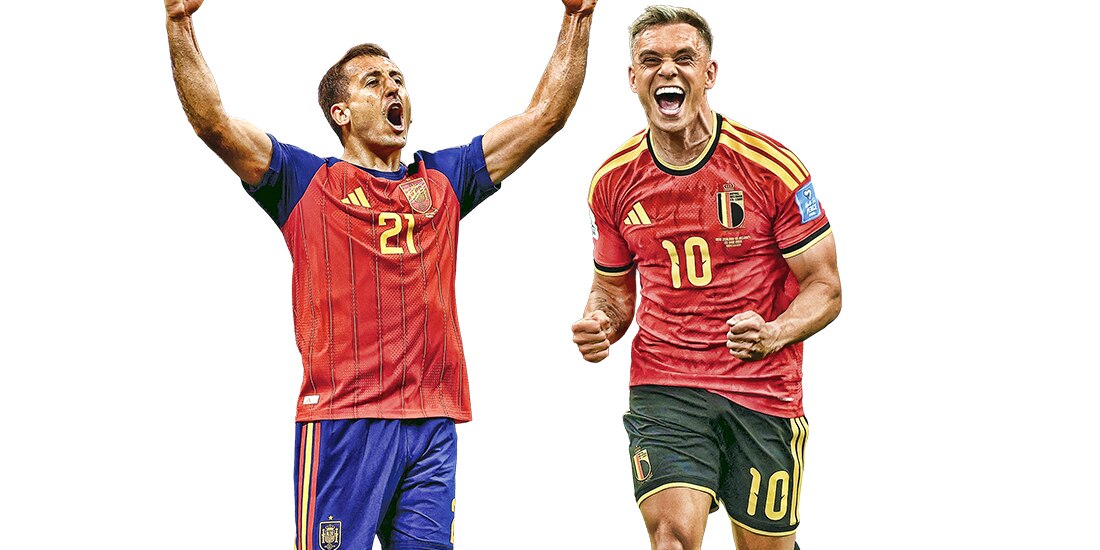 En la imagen, los futbolistas Mikel Oyarzabal, de España y Leandro Trossard, de Bélgica