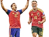 En la imagen, los futbolistas Mikel Oyarzabal, de España y Leandro Trossard, de Bélgica