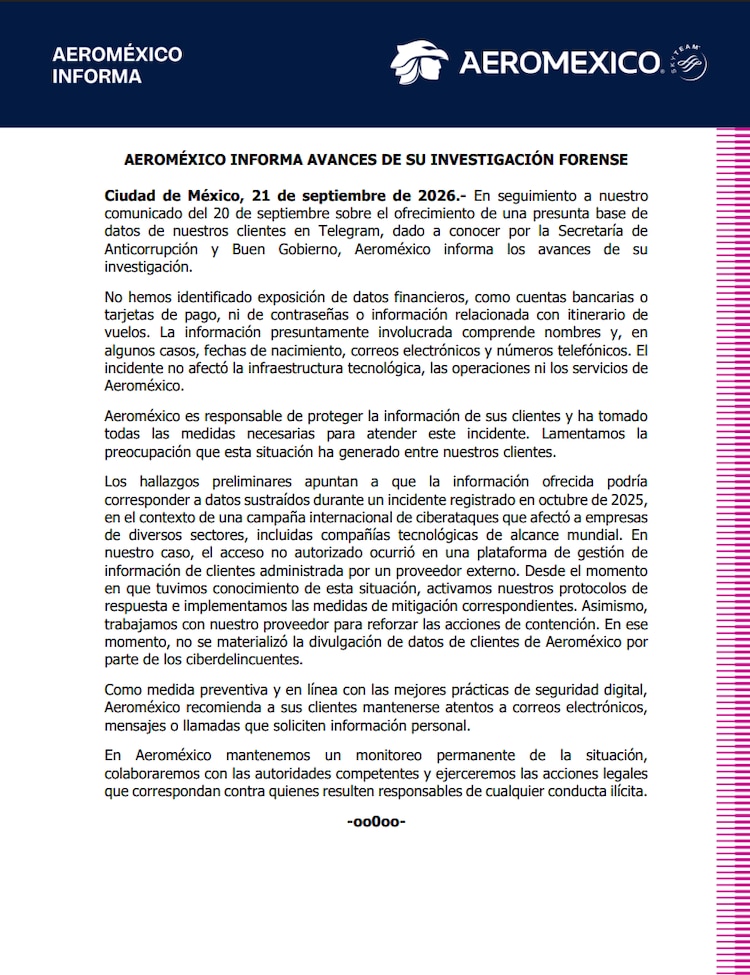 Comunicado de Aeroméxico sobre filtración de datos de clientes, publicado el 21 de septiembre de 2026.