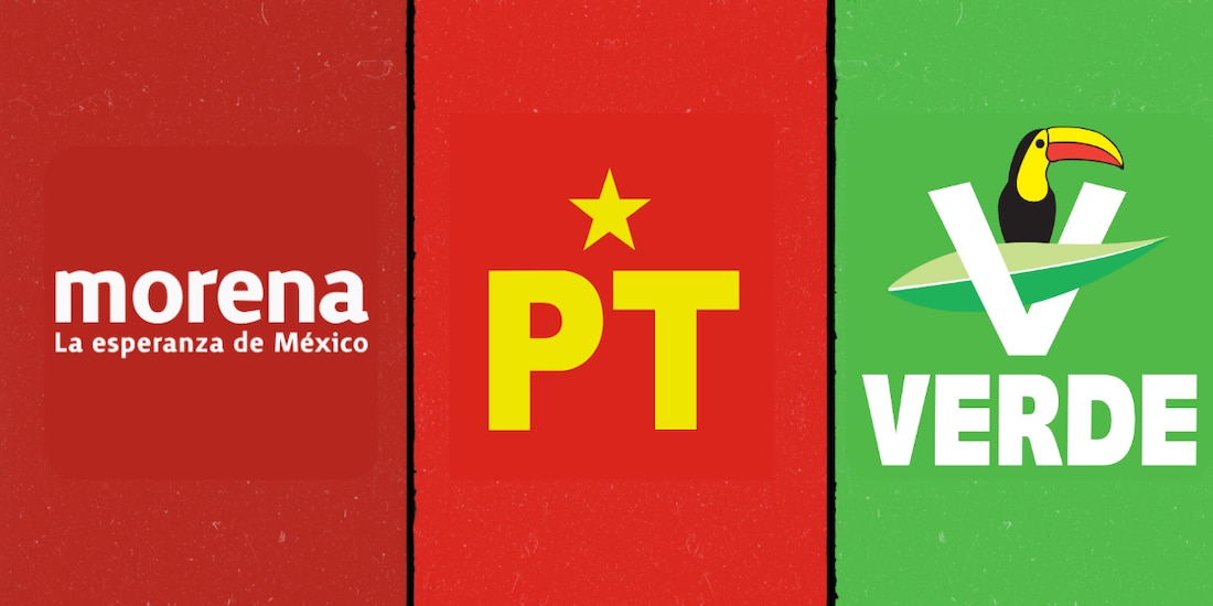 Logos de Morena, PT y el Partido Verde.