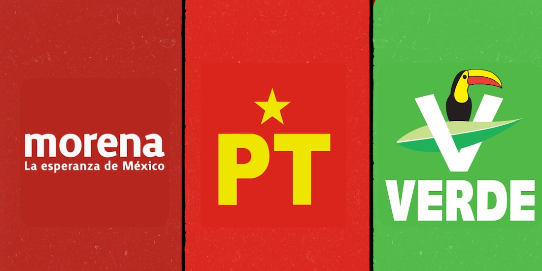 Logos de Morena, Partido del Trabajo (PT) y el Partido Verde Ecologista de México (PVEM)