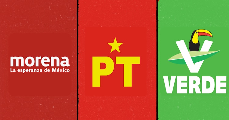 Logos de Morena, Partido del Trabajo (PT) y el Partido Verde Ecologista de México (PVEM)