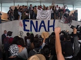 Estudiantes de la Escuela Nacional de Antropología e Historia (ENAH), durante una manifestación en las inmediaciones del Museo Nacional de Antropología, en 2018.