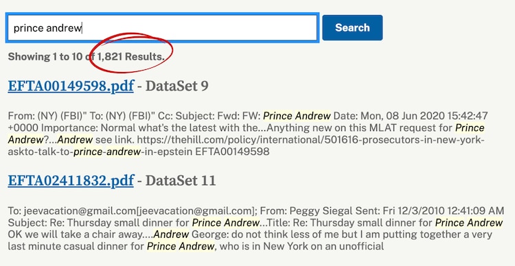 Resultados de la búsqueda "Prince Andrew" en los archivos del caso Epstein