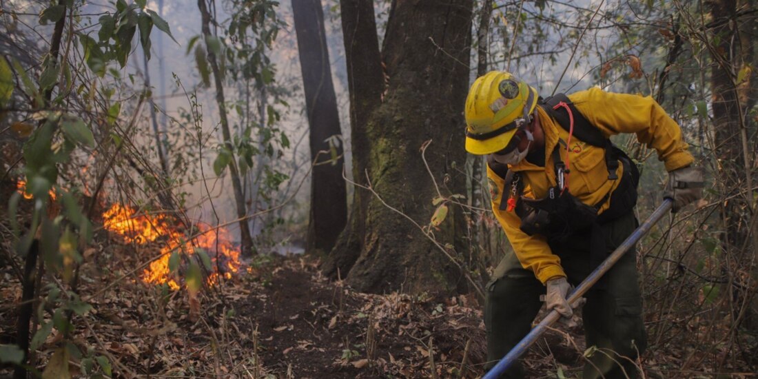 Brigadistas combaten el fuego en una zona de Tepoztlán, ayer.