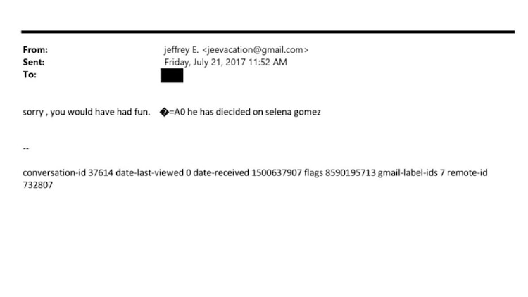 Correo de Epstein en el que menciona a Selena Gomez