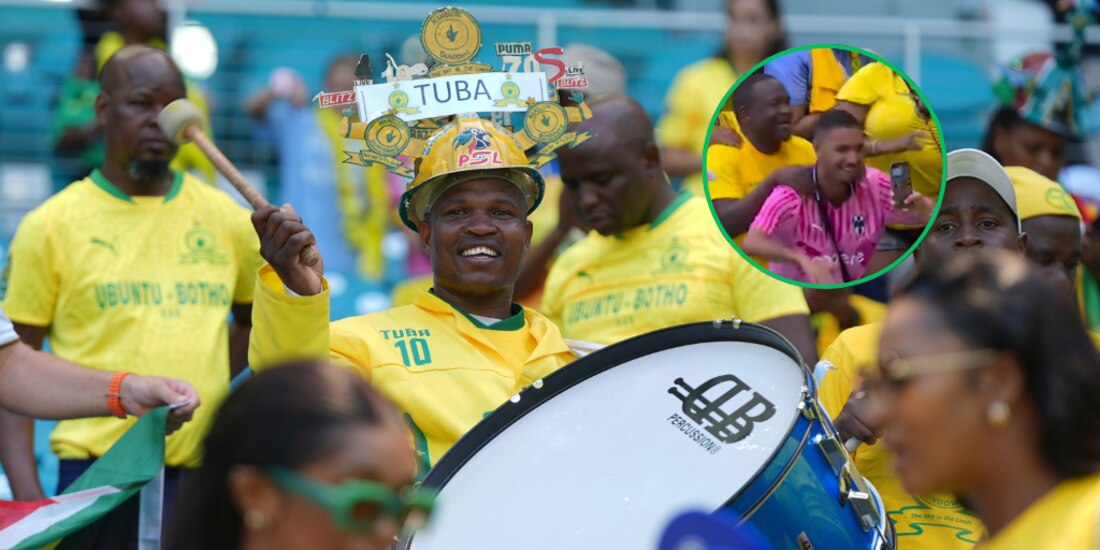 Aficionado de Rayados protagoniza cómico momento con la afición del Mamelodi Sundowns.