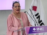 Guadalupe Taddei Zavala, consejera presidenta del INE, en conferencia de prensa el 25 de mayo de 2026.