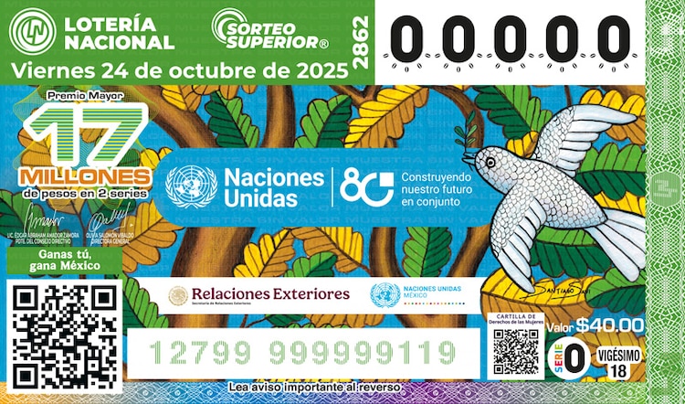 El billete del Sorteo Superior 2862 está dedicado a los a los 80 años de la creación de las Naciones Unidas.