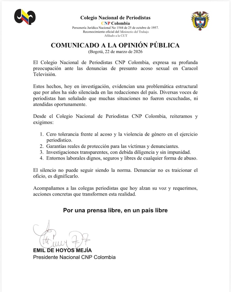 Comunicado del Colegio Nacional de Periodistas Colombia