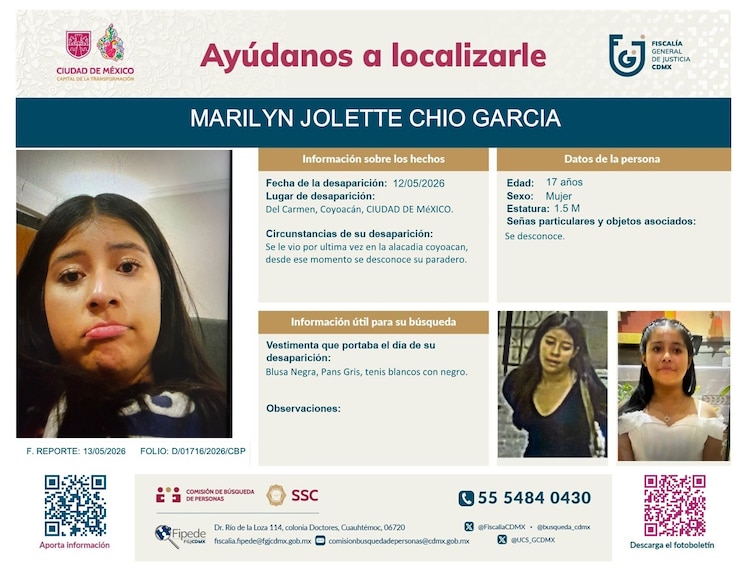 Fotoboletín de Marilin Jolette, desaparecida desde el pasado 12 de mayo.