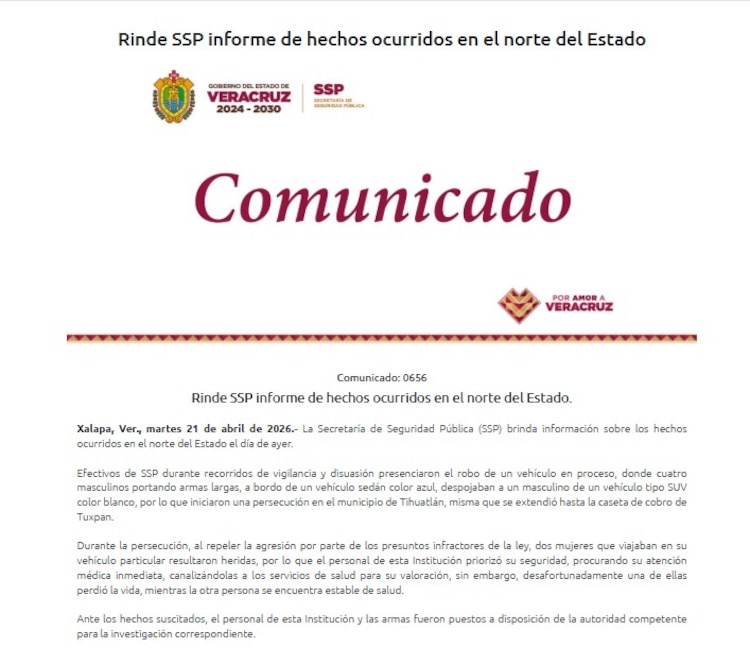 Investigan a policías por muerte de doctora tras persecución a civiles armados en Veracruz.