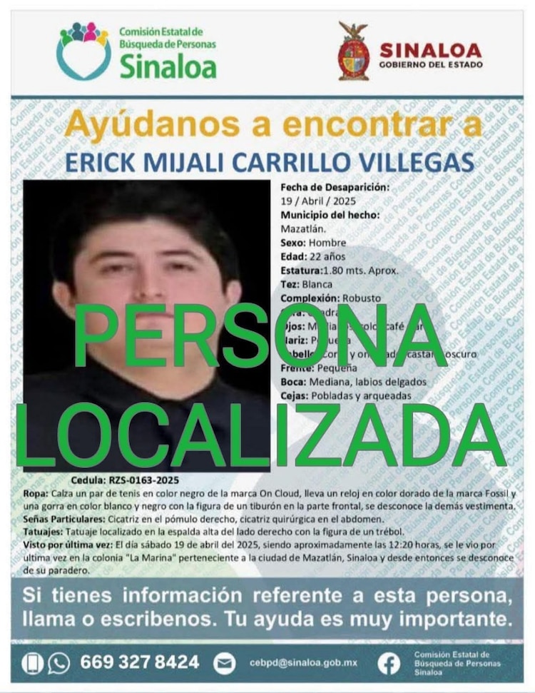 Erick Mijali Carrillo y Alfonso Arredondo, desaparecidos en Mazatlán el 19 de abril, fueron localizados con vida.