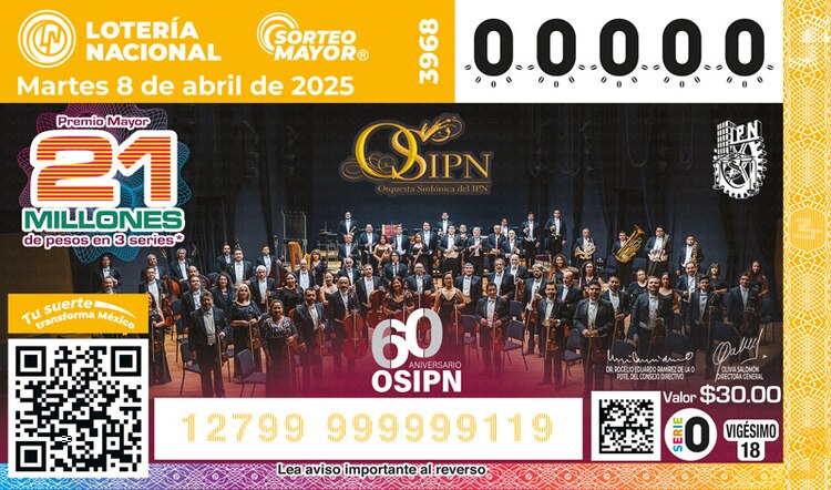 El Sorteo Mayor 3968 conmemora el 60° aniversario de la orquesta sinfónica del IPN.