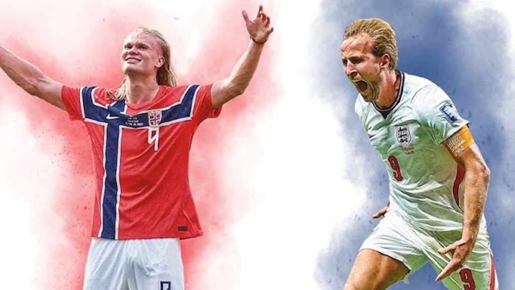En la imagen, los jugadores de Noruega, Erling Haaland y Harry Kane, de Inglaterra