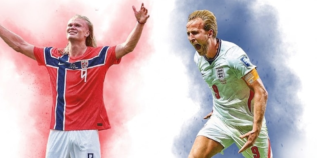 En la imagen, los jugadores de Noruega, Erling Haaland y Harry Kane, de Inglaterra