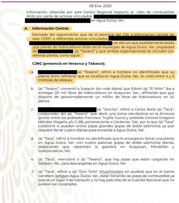 Documento del CERFI Sureste que atestigua conocimiento de refinería clandestina.