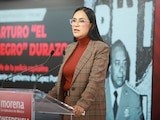 Ariadna Montiel, dirigente nacional de Morena, durante la conferencia semanal del partido.