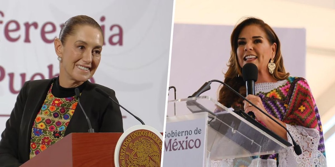 Claudia Sheinbaum (izq.) destaca labor de Mara Lezama (der.) en acceso público a playas de Tulum.