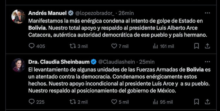 Mensajes de Sheinbaum y AMLO para el pueblo de Bolivia