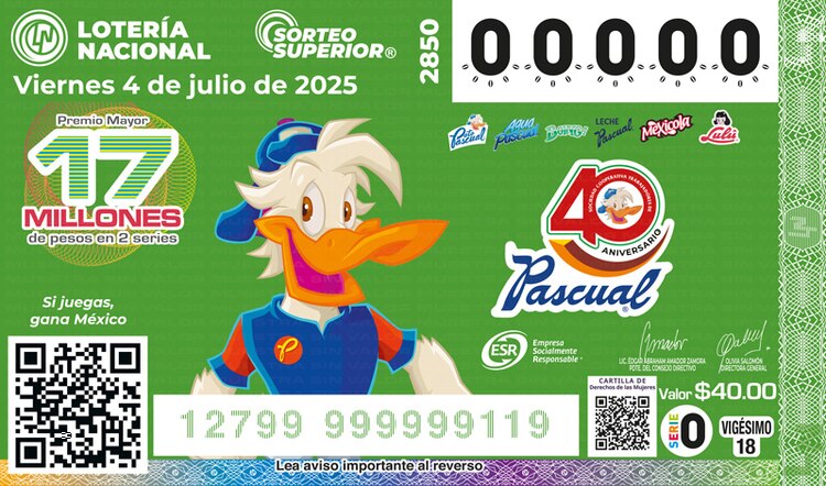 El billete del Sorteo Superior 2850 está dedicado al 40° aniversario de cooperativa Pascual.
