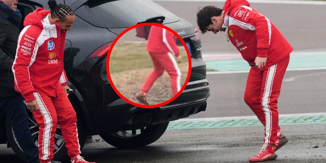 Charles Leclerc se ríe con Lewis Hamilton después de haberse embarrado de caca.
