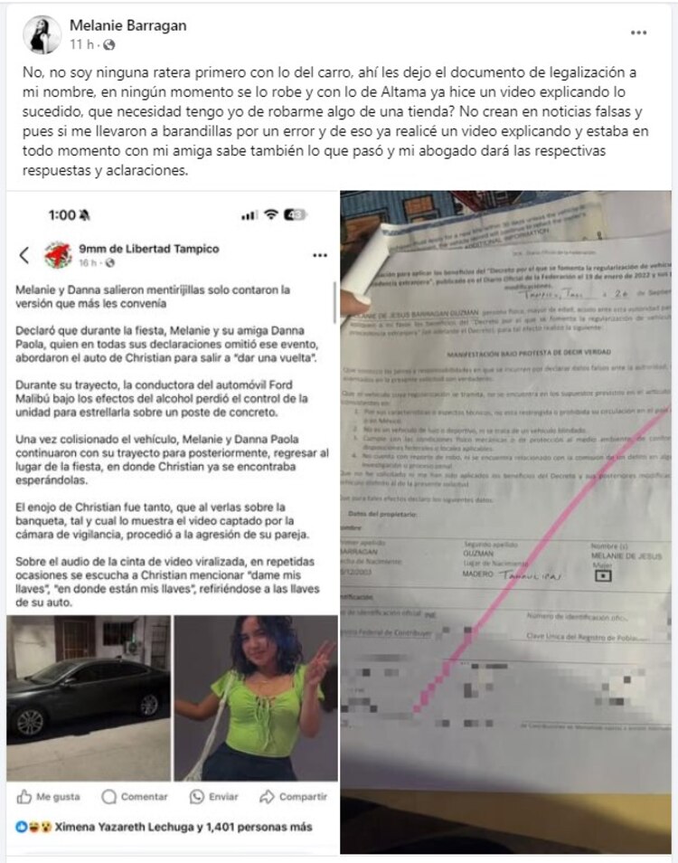 Publicación de Melanie Barragán en Facebook.