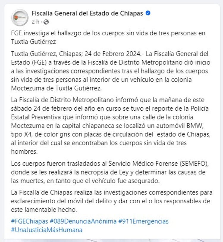 Comunicado de la Fiscalía de Chiapas.