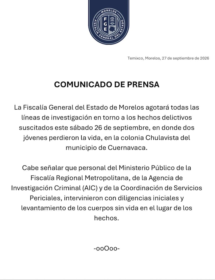 Comunicado de la Fiscalía de Morelos sobre el asesinato de estudiantes de preparatoria de la UAEM.