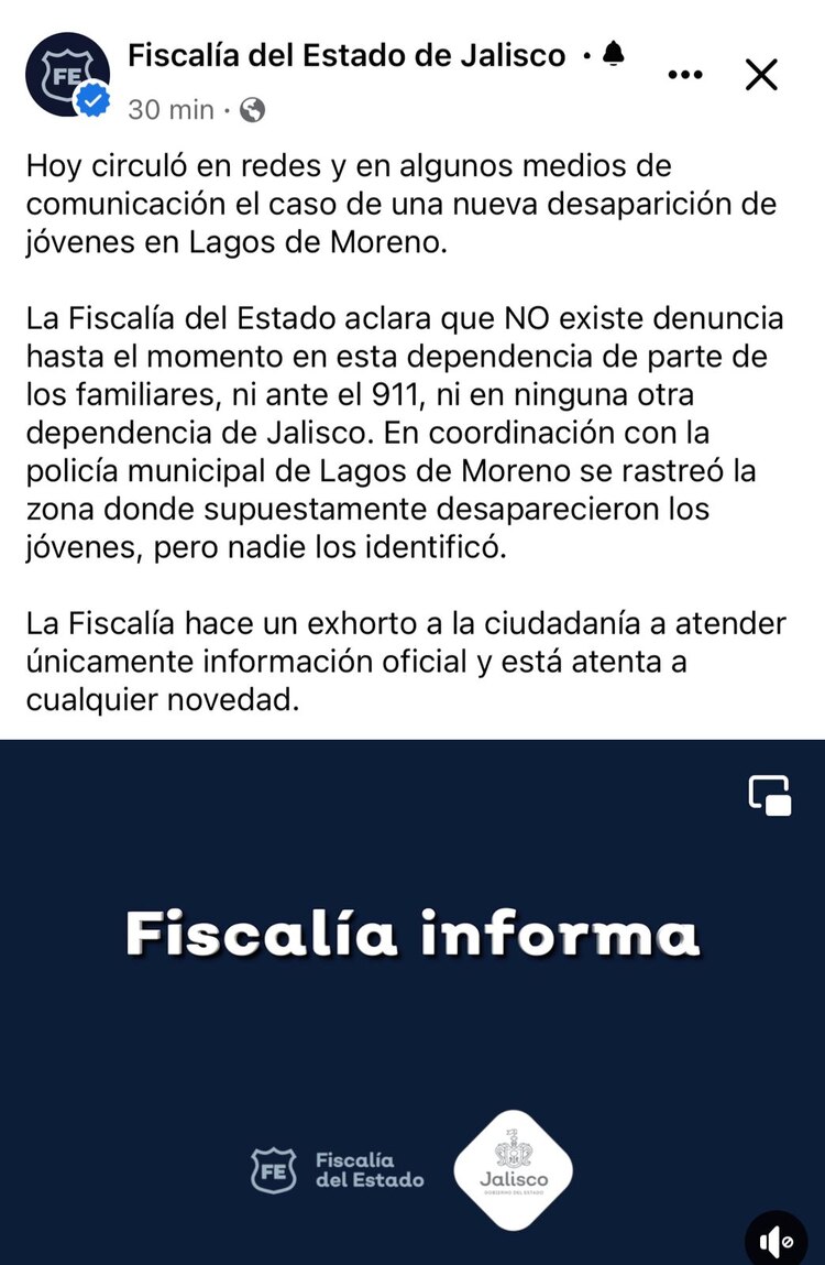 Fiscalía de Jalisco desmiente nueva desaparición de jóvenes