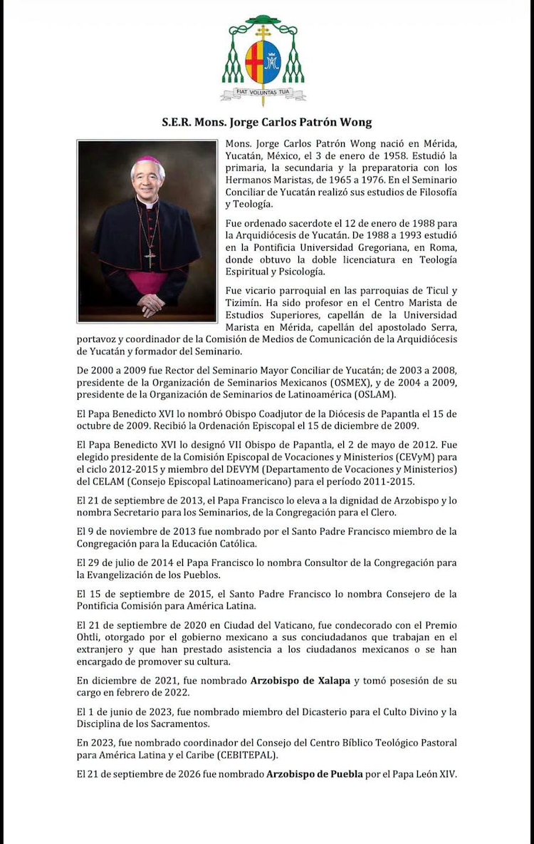 Semblanza del Monseñor Jorge Carlos Patrón Wong, nombrado por la Arquidiócesis de Puebla como arzobispo.