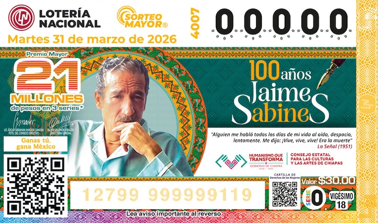 El Sorteo Mayor 4007 está dedicado al centenario del natalicio de Jaime Sabines.