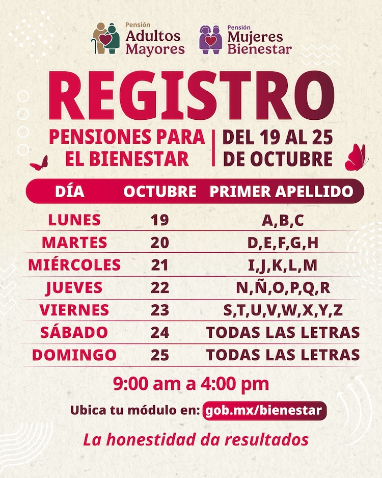 Calendario de registro Pensiones Bienestar octubre