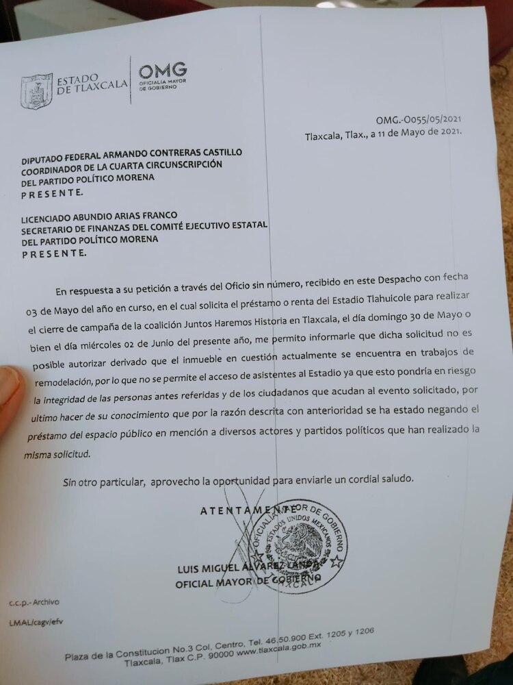 El oficio indica que no será posible atender la solicitud del 30 de mayo o del 2 de junio del presente año.