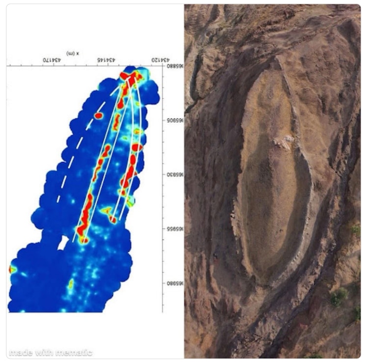 Resultados del GPR de 2019 (izquierda) junto a imágenes aéreas de la formación (derecha), que muestran los patrones lineales y angulares
que BakhtarRadar fue desplegado para reexaminar