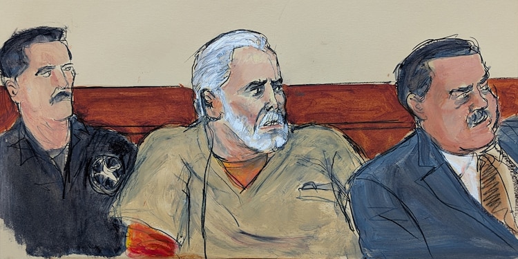 ILUSTRACIÓN DEL CAPO mexicano, de 76 años, durante la audiencia de ayer, en Nueva York, donde se decidió su condena.