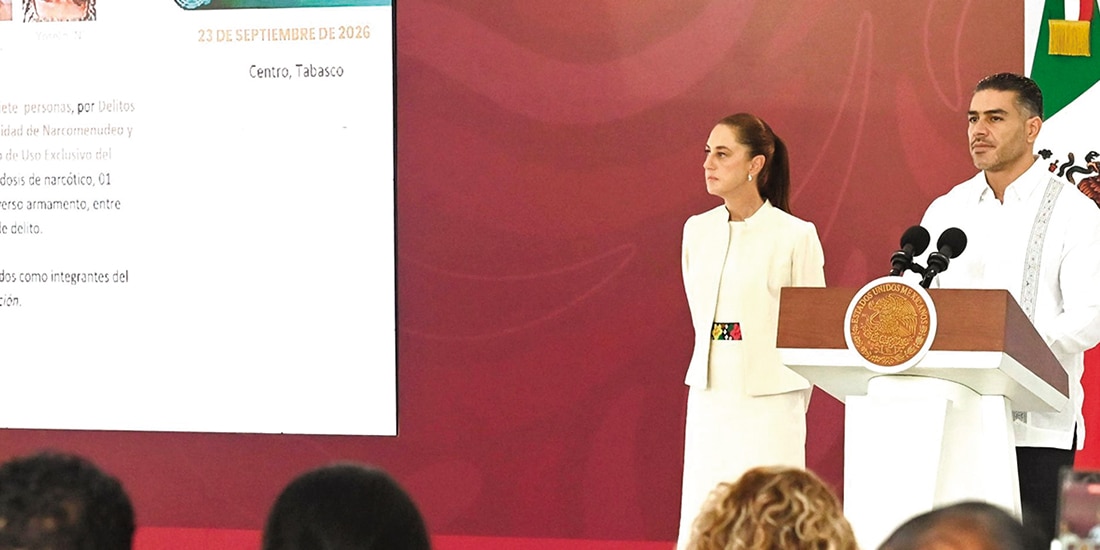 La mandataria, Claudia Sheinbaum, con Omar García Harfuch, ayer en conferencia.