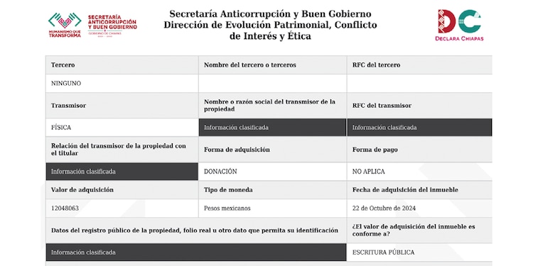 APARTADO en el que el mandatario chiapaneco manifiesta ser dueño de un edificio que costó más de 12 millones de pesos.
