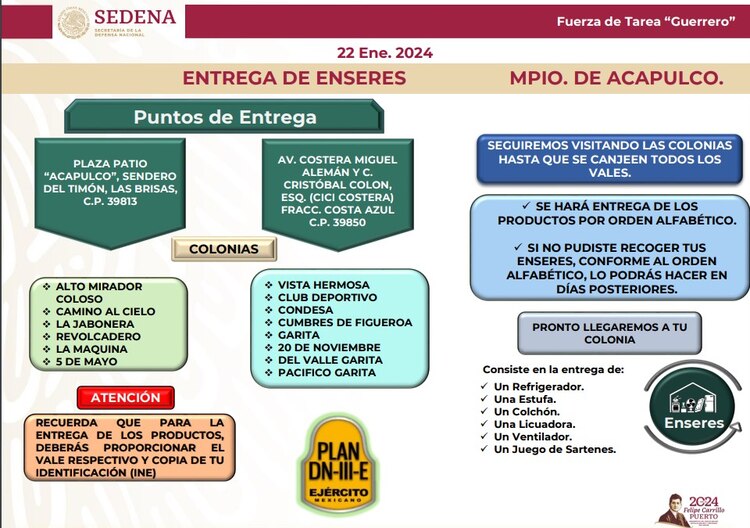 Aquí se entregarán enseres en Acapulco este 22 de enero.