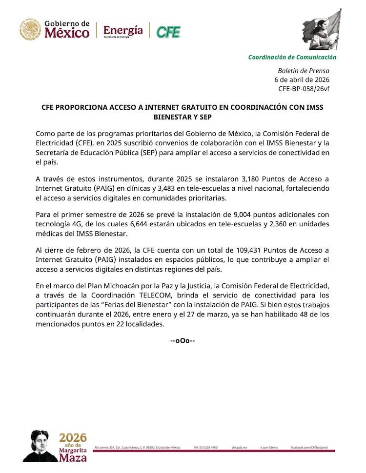 Internet gratuito de la CFE para IMSS Bienestar y SEP.