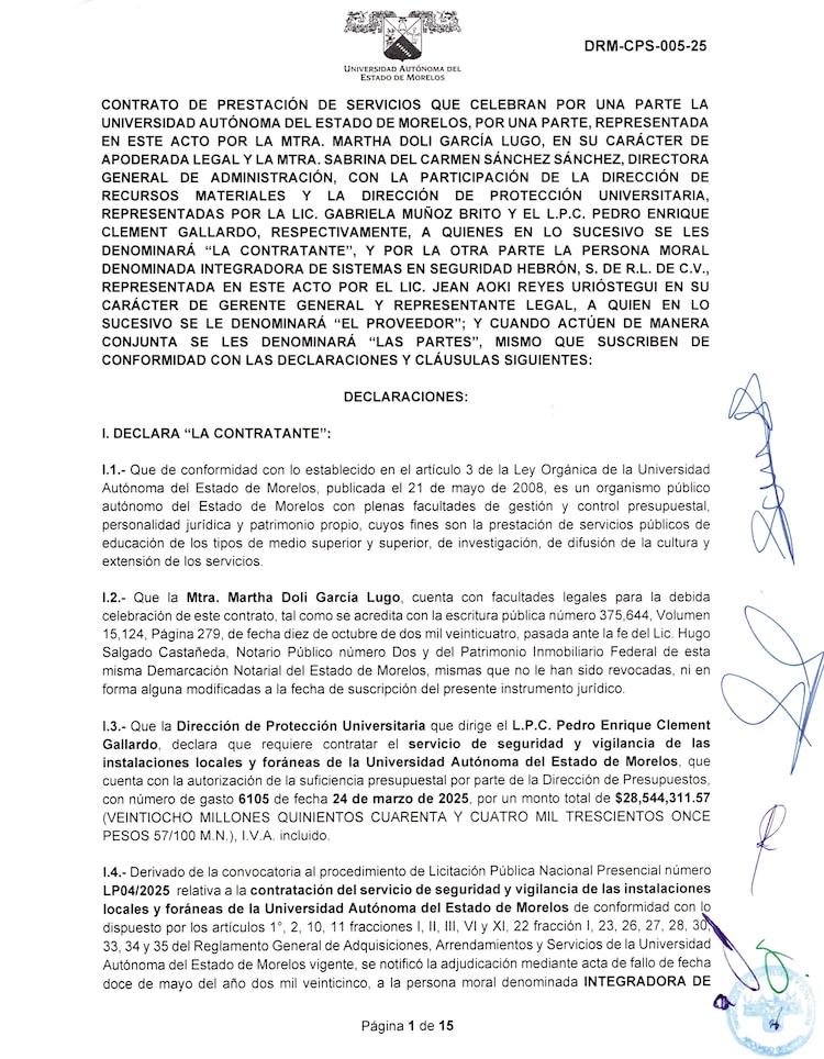 CARÁTULA DEL CONTRATO que dio la UAEM a la empresa Hebron, para hacerse cargo de la seguridad escolar.