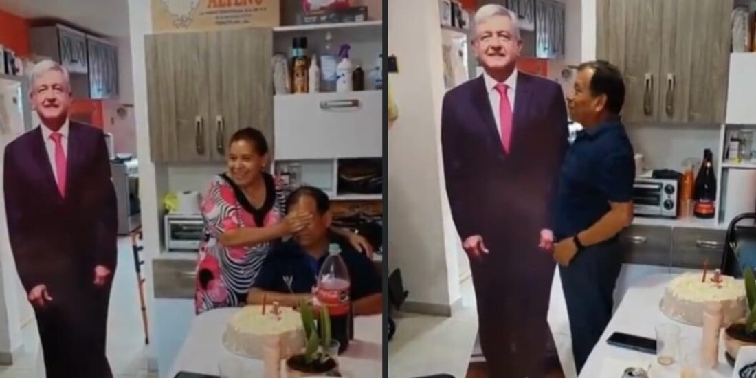 Un hombre recibe un AMLO gigante como regalo de cumpleaños.