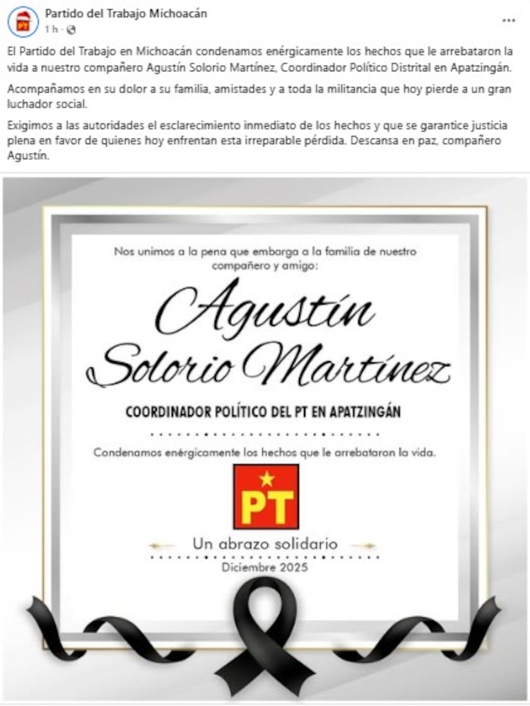 El Partido del Trabajo condenó los hechos que le arrebataron la vida a Agustín Solorio Martínez.