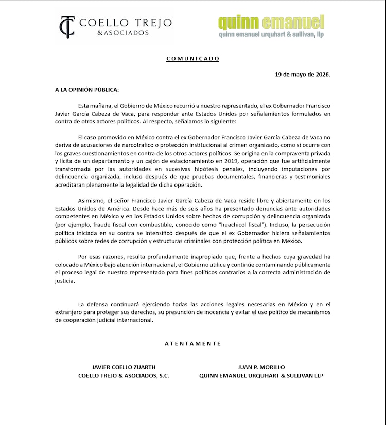 Defensa de Cabeza de Vaca acusa presión política