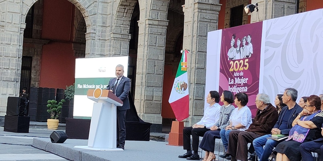 El gobernador Alfredo Ramírez Bedolla en la presentación del Plan Michoacán por la Paz y la Justicia.